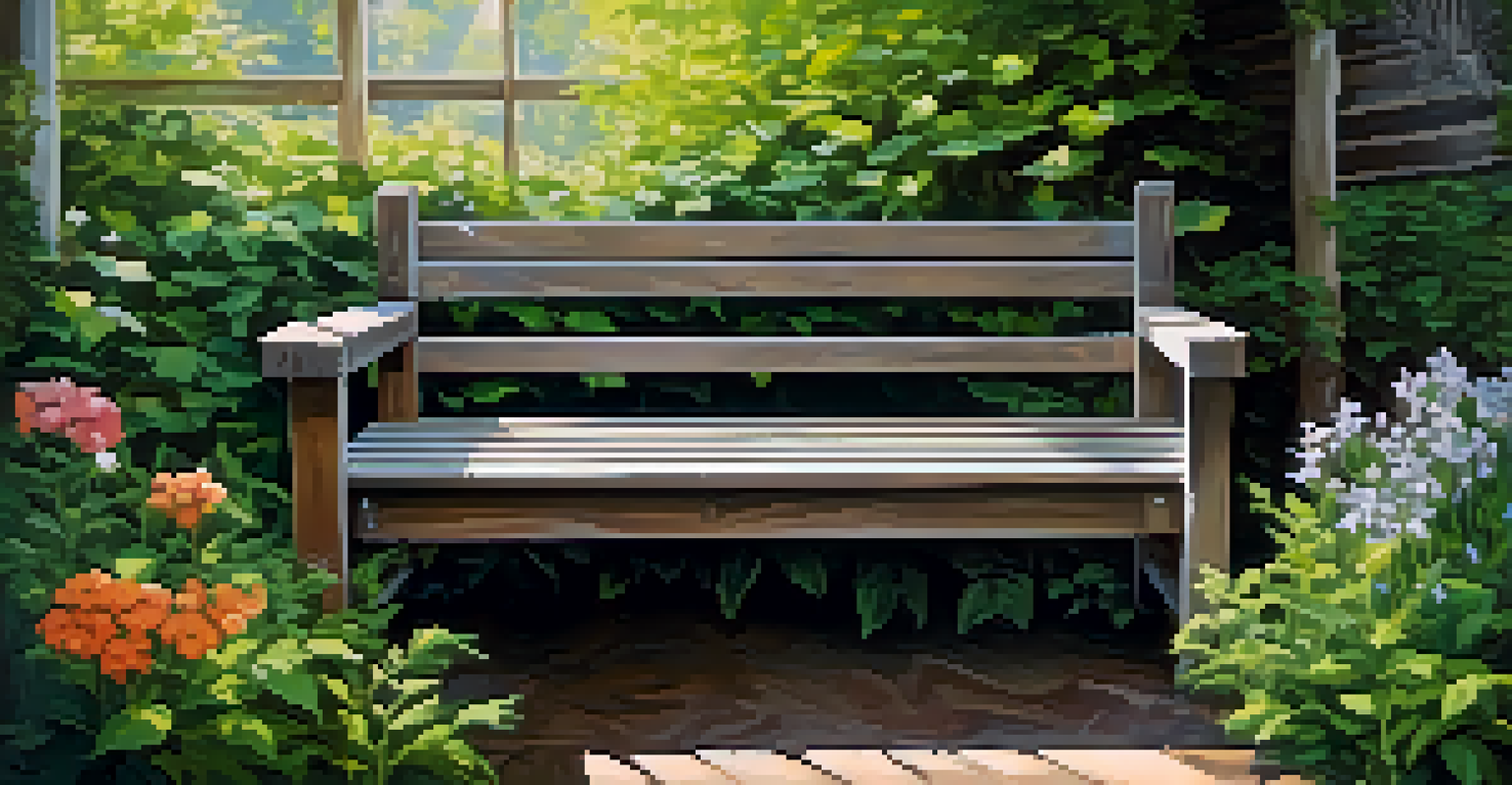 A rustic bench made from reclaimed wood in a serene outdoor setting, surrounded by greenery and flowers.