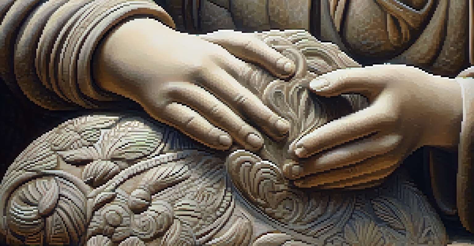 Close-up of hands carving a stone sculpture, showcasing intricate details and textures with soft sunlight illuminating dust particles.