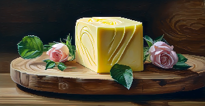 A carved butter rose on a wooden platter, surrounded by herbs and flowers, illuminated by soft natural light.