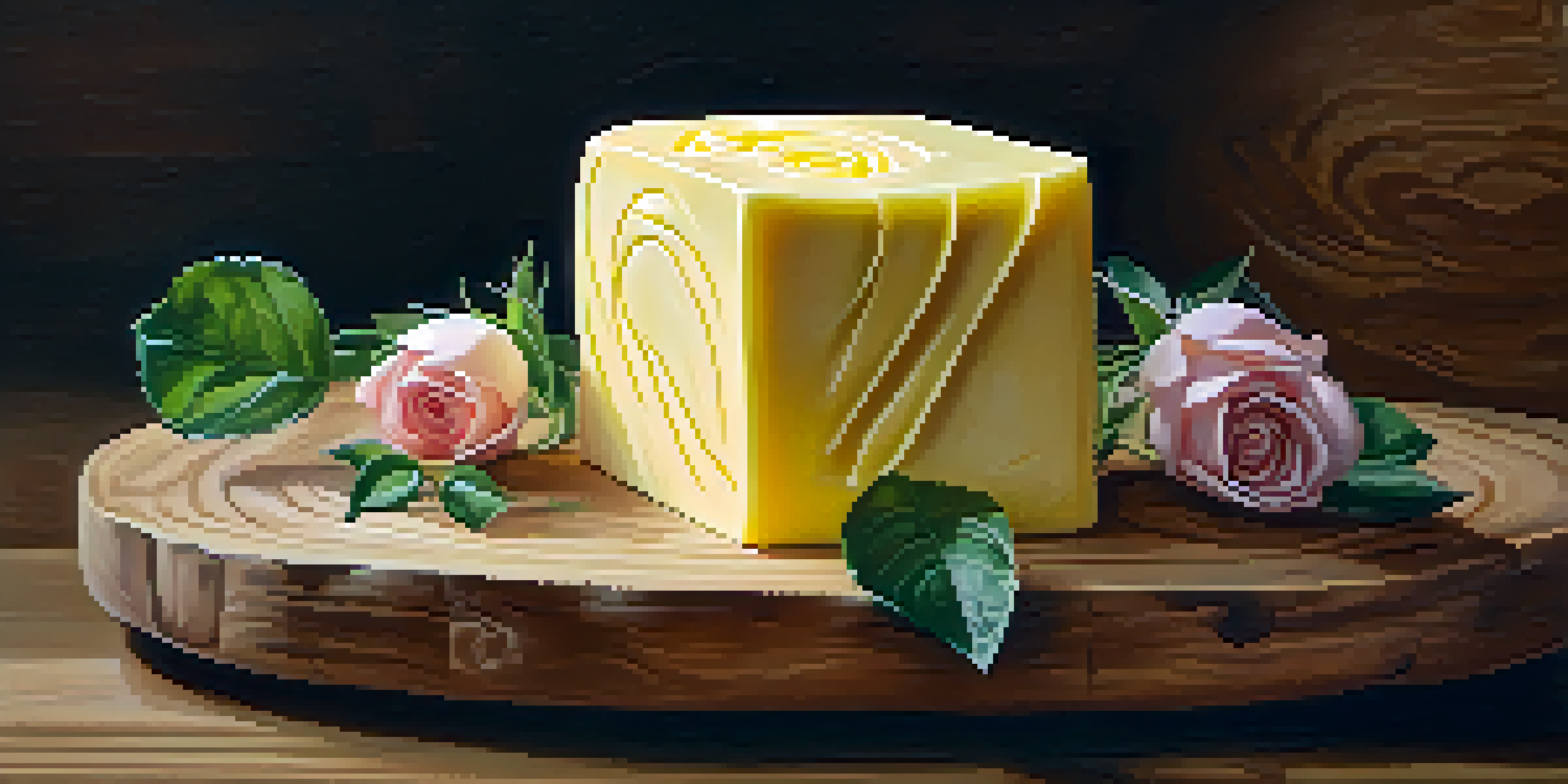 A carved butter rose on a wooden platter, surrounded by herbs and flowers, illuminated by soft natural light.