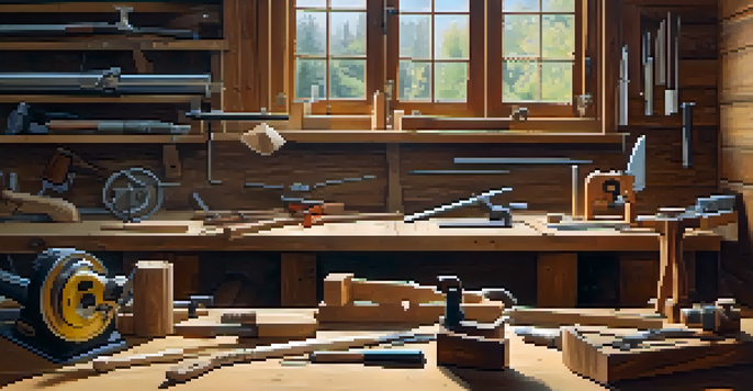 A woodworking workshop with power tools for carving on a wooden workbench, illuminated by natural light.