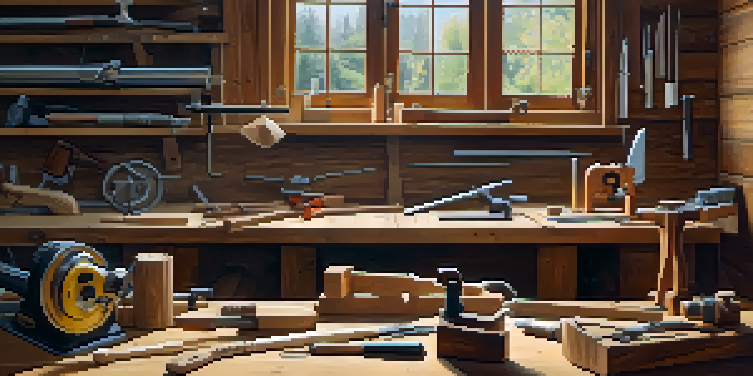 A woodworking workshop with power tools for carving on a wooden workbench, illuminated by natural light.