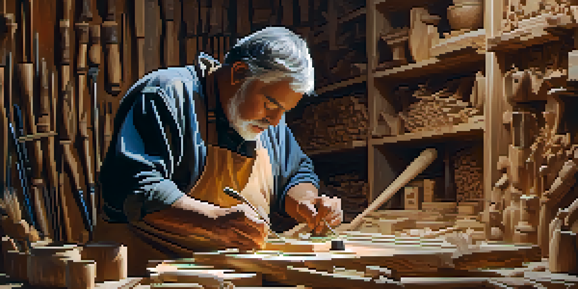 An artisan is carving a wooden sculpture in a sunlit workshop, surrounded by various traditional carving tools.