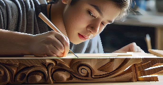 A student engaged in carving a wooden sculpture, showcasing their focused expression and the tools around them in a bright art studio.