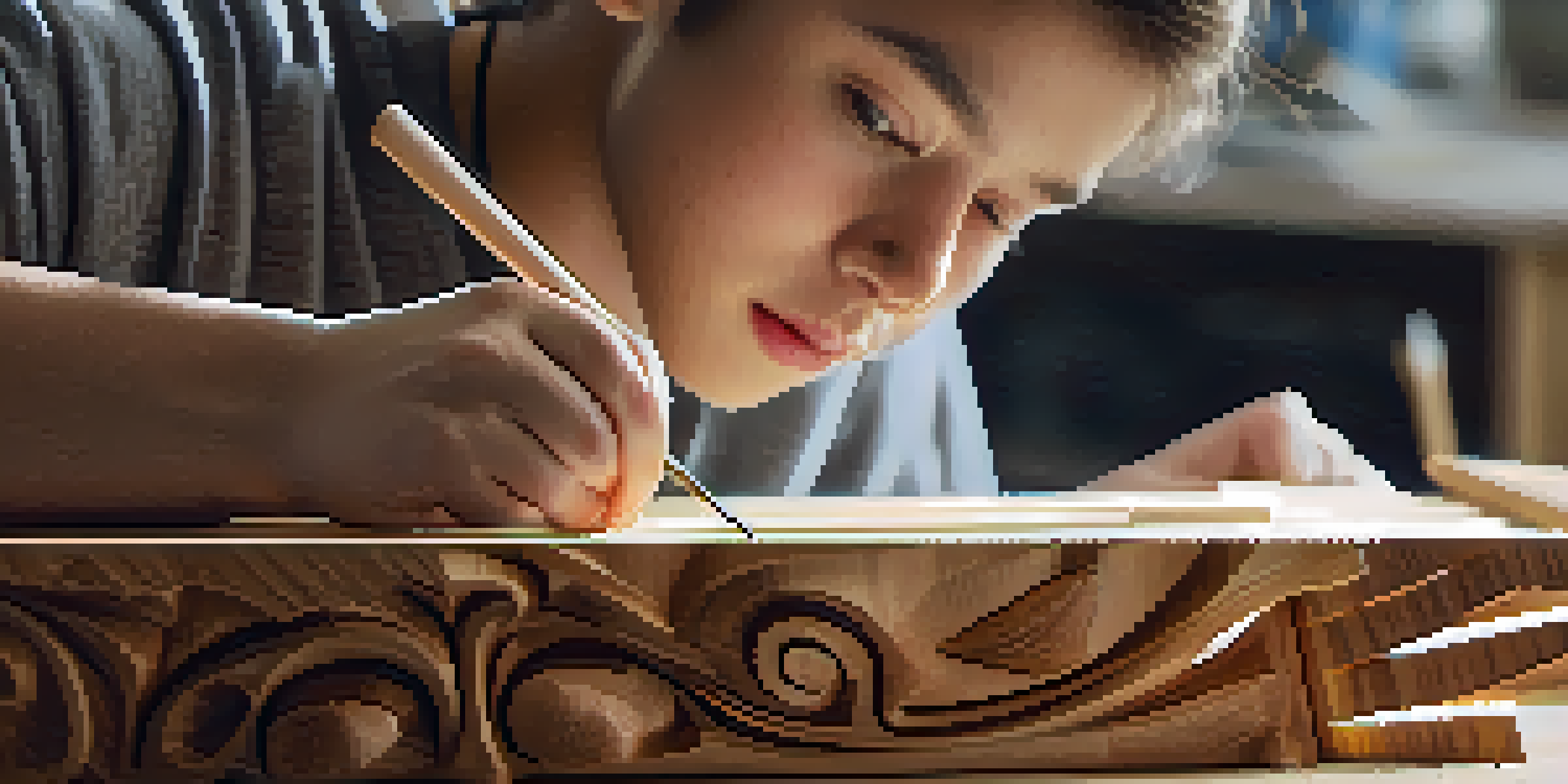 A student engaged in carving a wooden sculpture, showcasing their focused expression and the tools around them in a bright art studio.