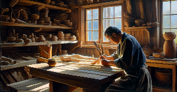 A skilled artisan carving a wooden sculpture in a bright workshop filled with tools and wood shavings.