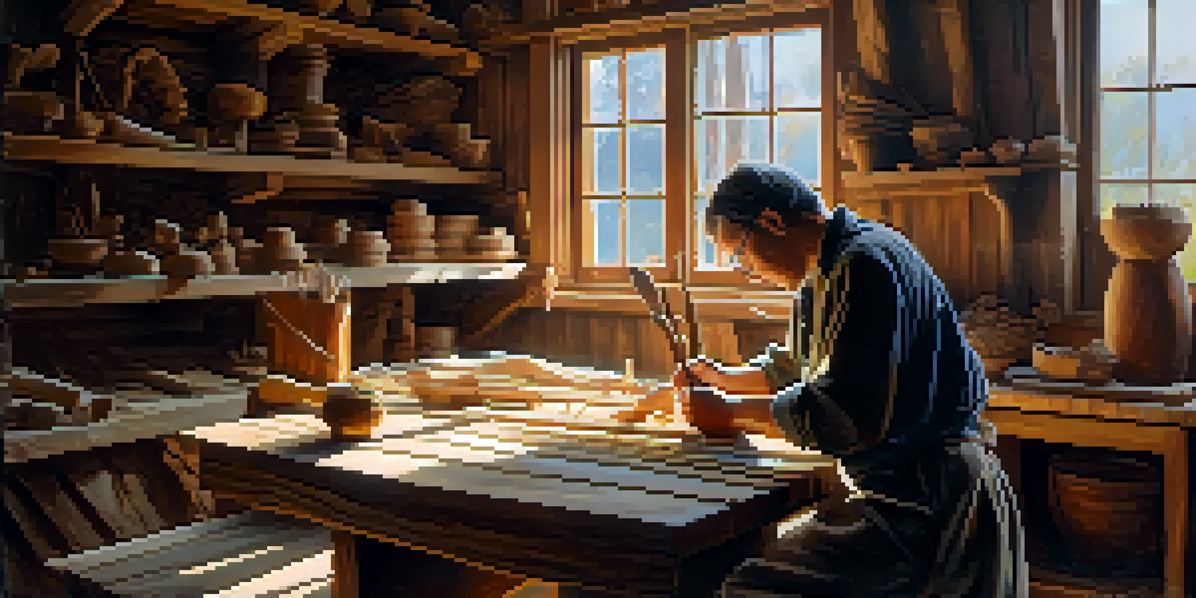 A skilled artisan carving a wooden sculpture in a bright workshop filled with tools and wood shavings.