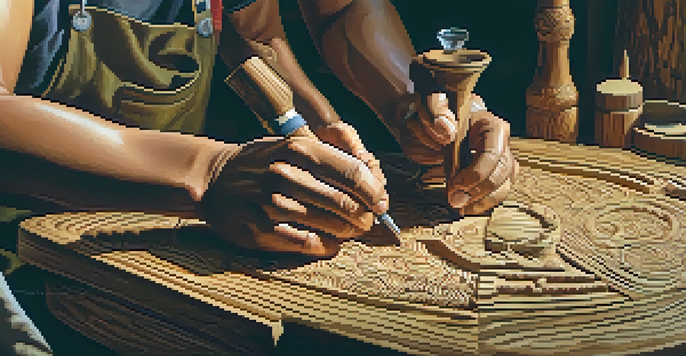 An artisan's hands working on wood carving with detailed patterns in a warm workshop filled with tools and wood shavings.