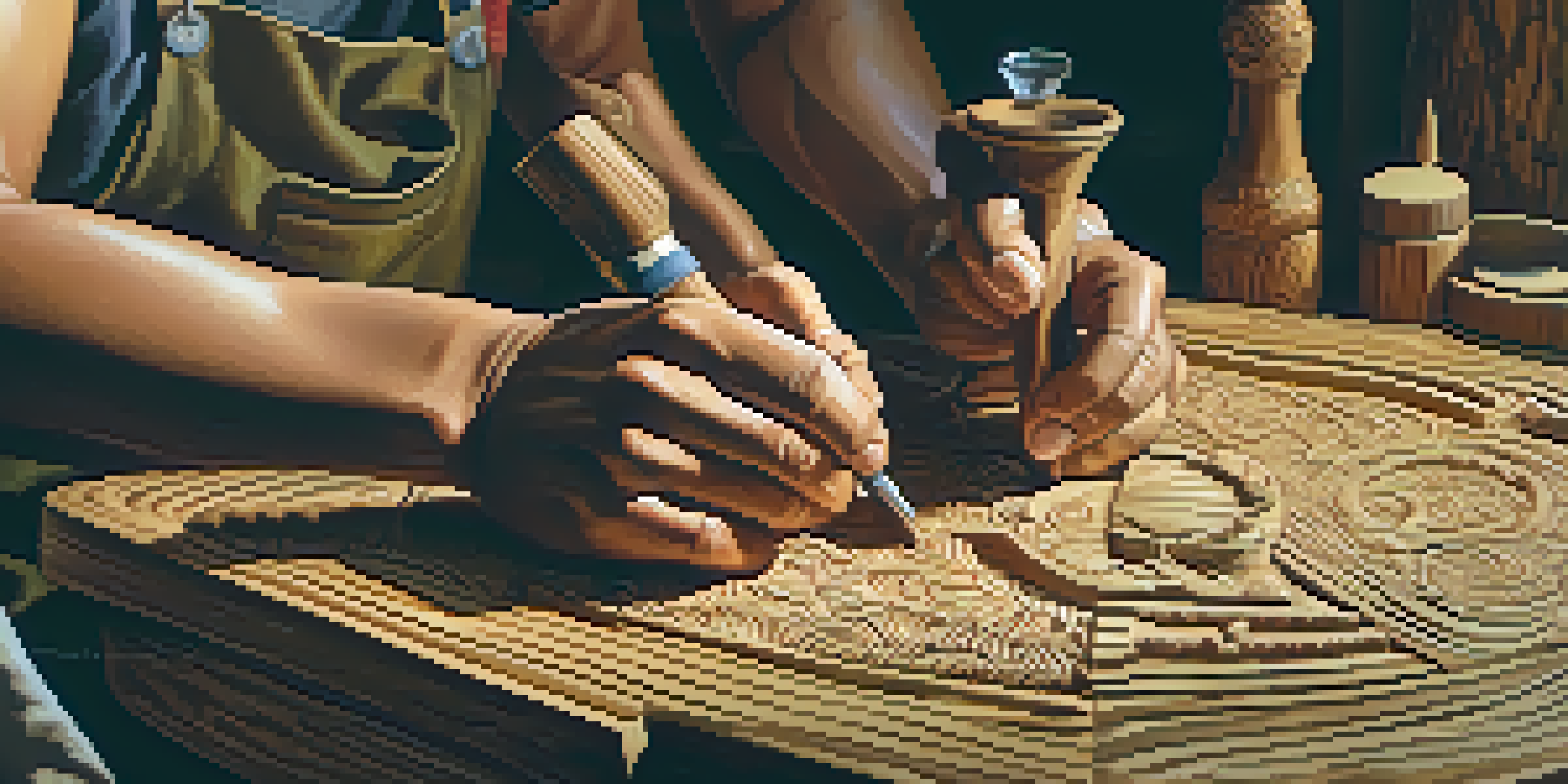 An artisan's hands working on wood carving with detailed patterns in a warm workshop filled with tools and wood shavings.