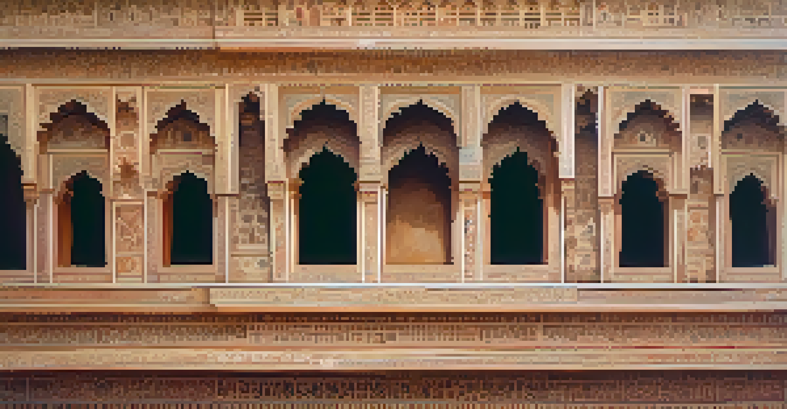 Detailed view of an Indian palace facade featuring vibrant floral patterns and spiritual motifs, illuminated by soft sunlight.