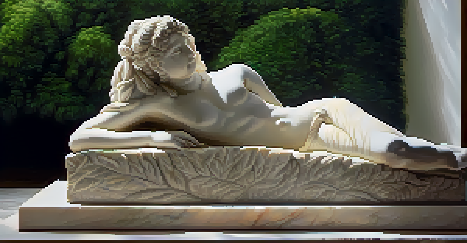 A partially revealed stone sculpture in soft light, surrounded by greenery.