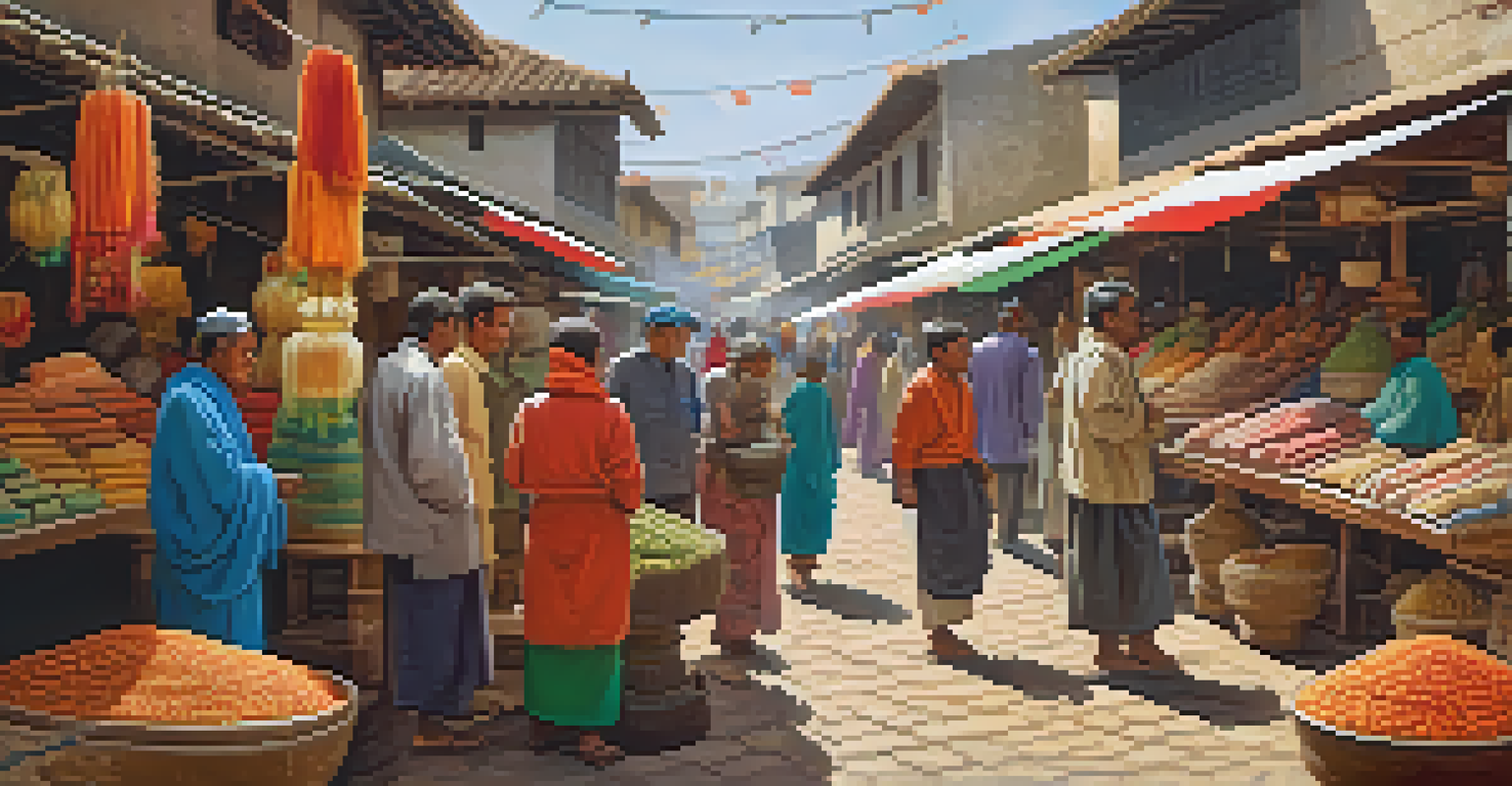 Market scene with artisans displaying traditional carved stone sculptures and colorful textiles, filled with people and vibrant decorations.