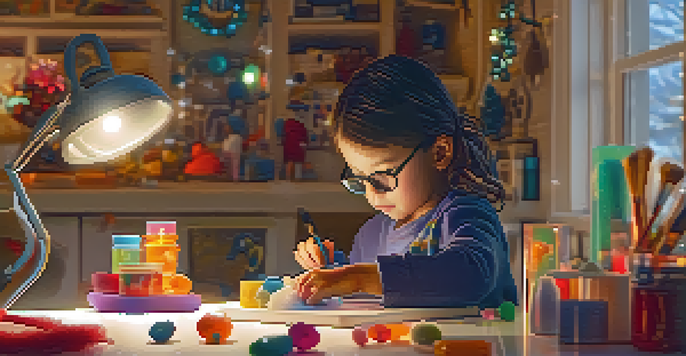 A child safely carving a holiday ornament with colorful tools in a bright, organized workspace filled with decorations.