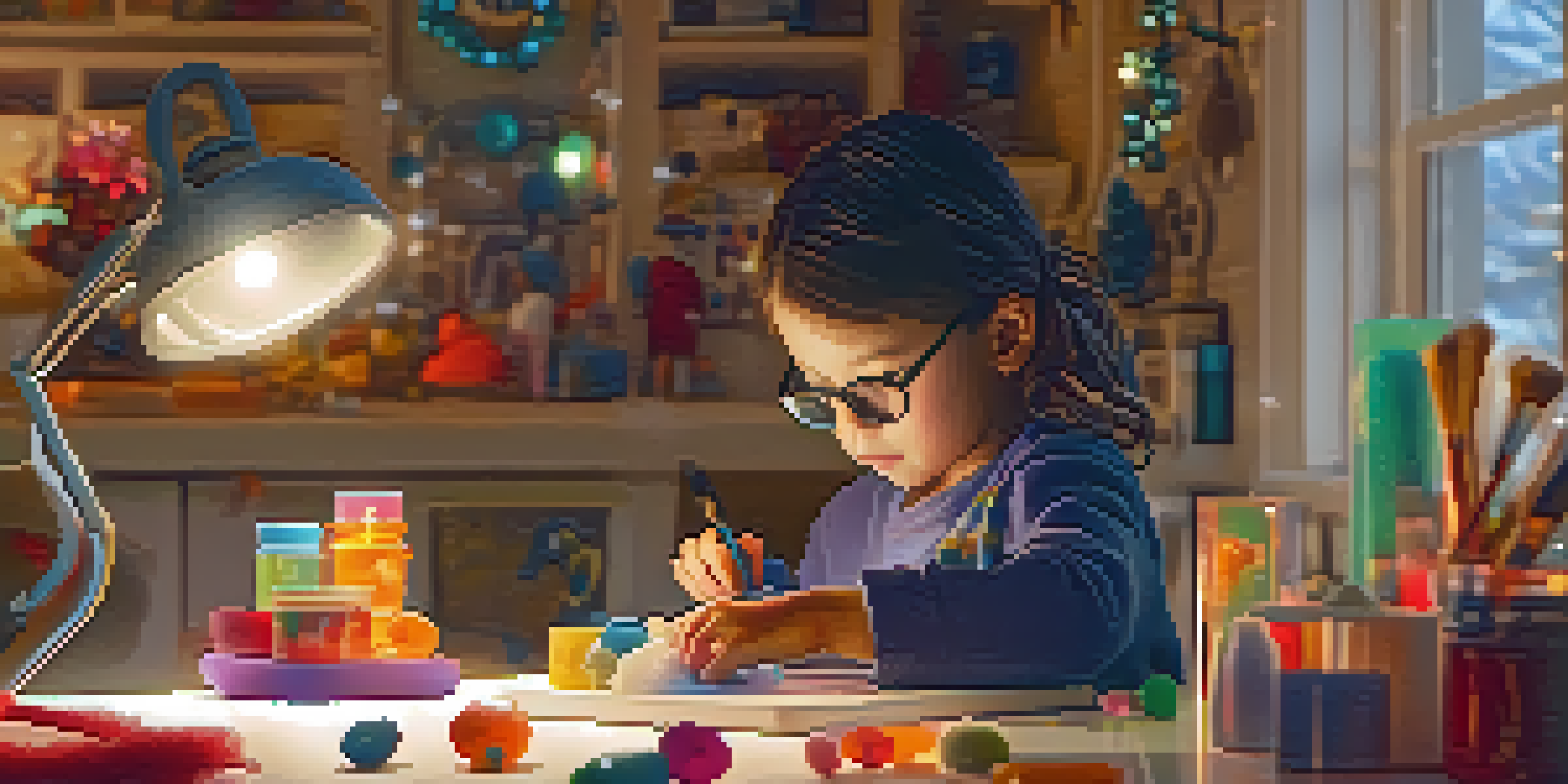 A child safely carving a holiday ornament with colorful tools in a bright, organized workspace filled with decorations.