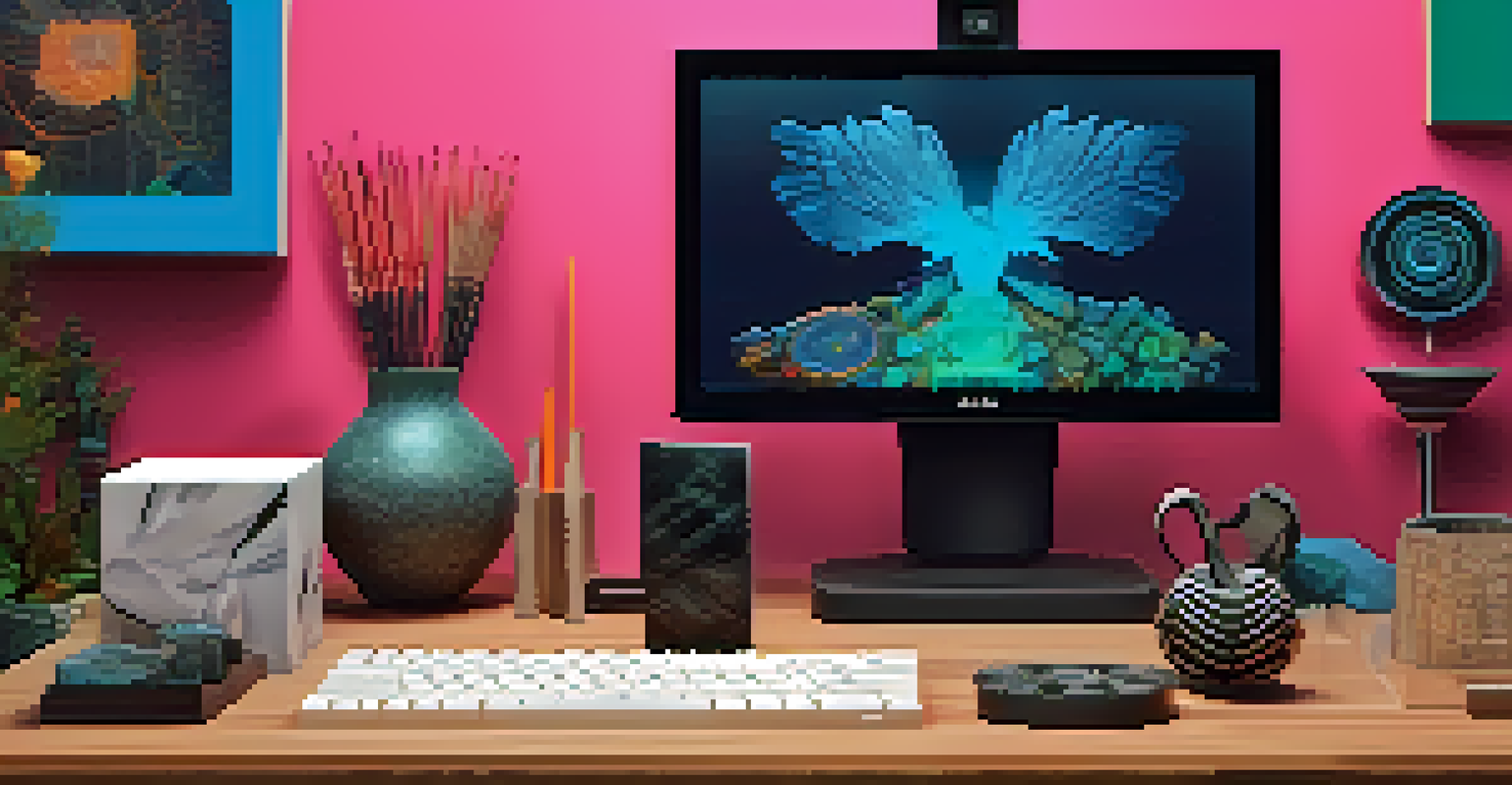 A digital interface showcasing carving techniques, with a hand selecting a virtual chisel against a colorful background.