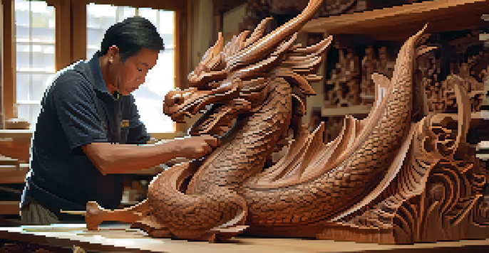 An artisan carving a wooden dragon sculpture in a workshop, with warm light illuminating the rich wood grain and intricate details.