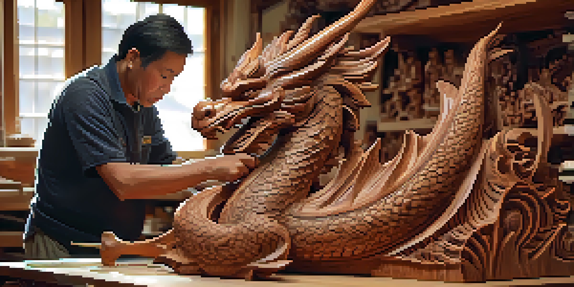 An artisan carving a wooden dragon sculpture in a workshop, with warm light illuminating the rich wood grain and intricate details.