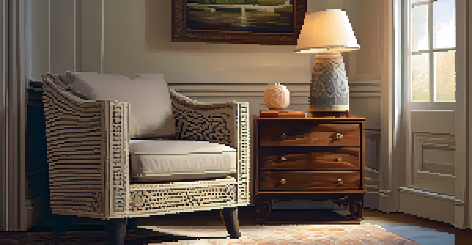 A cozy living room corner with a carved wooden armchair and a side table with a lamp, illuminated by warm light, showcasing the intricate details of the furniture.