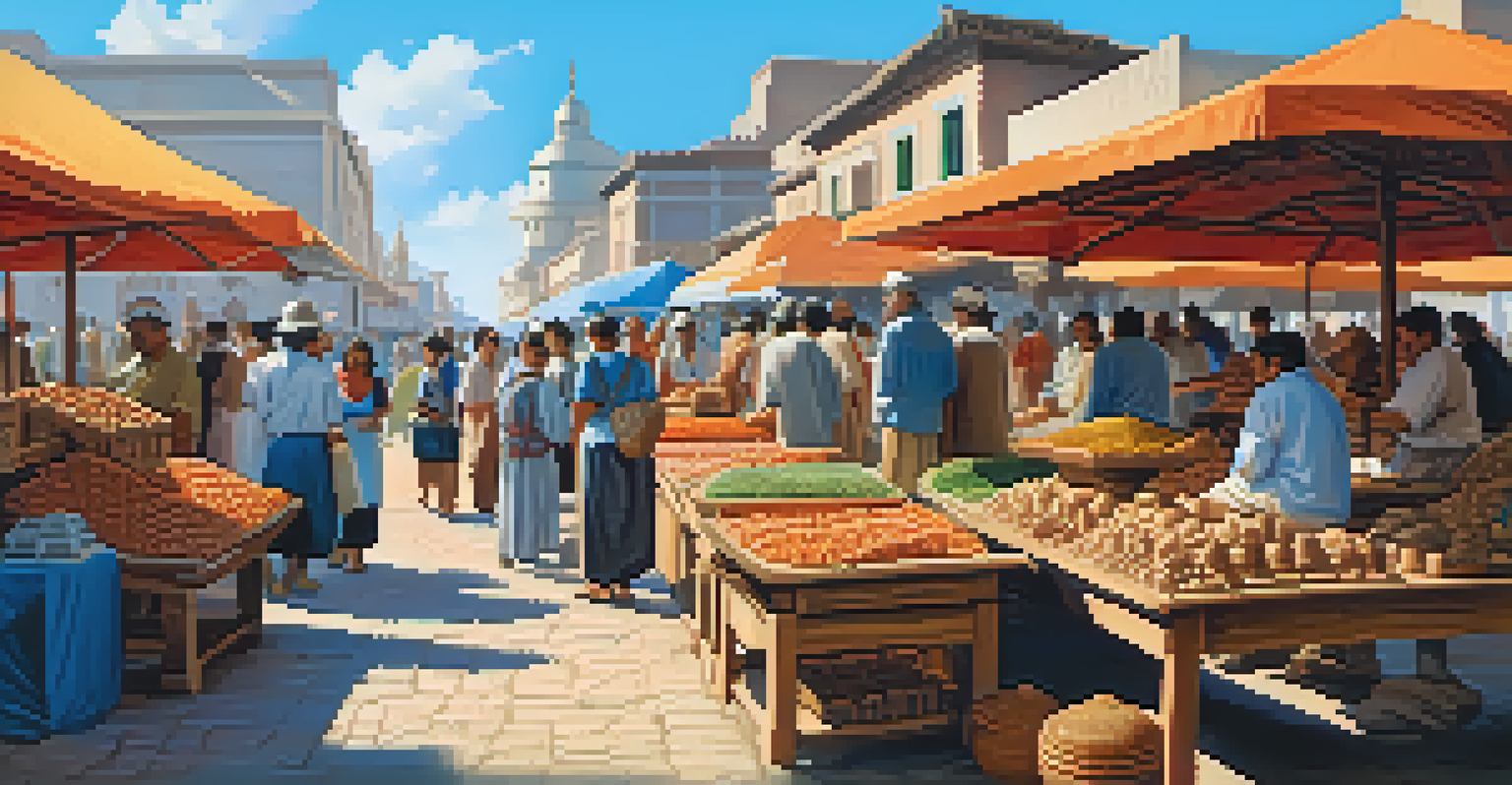 An outdoor market with artisans selling wooden and stone carvings, colorful stalls, and visitors.