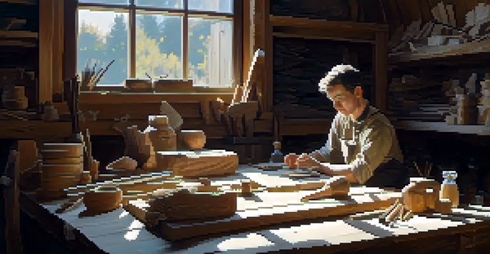 A beginner carver working in a well-lit workshop, with carving tools and a partially carved wooden spoon on the table.