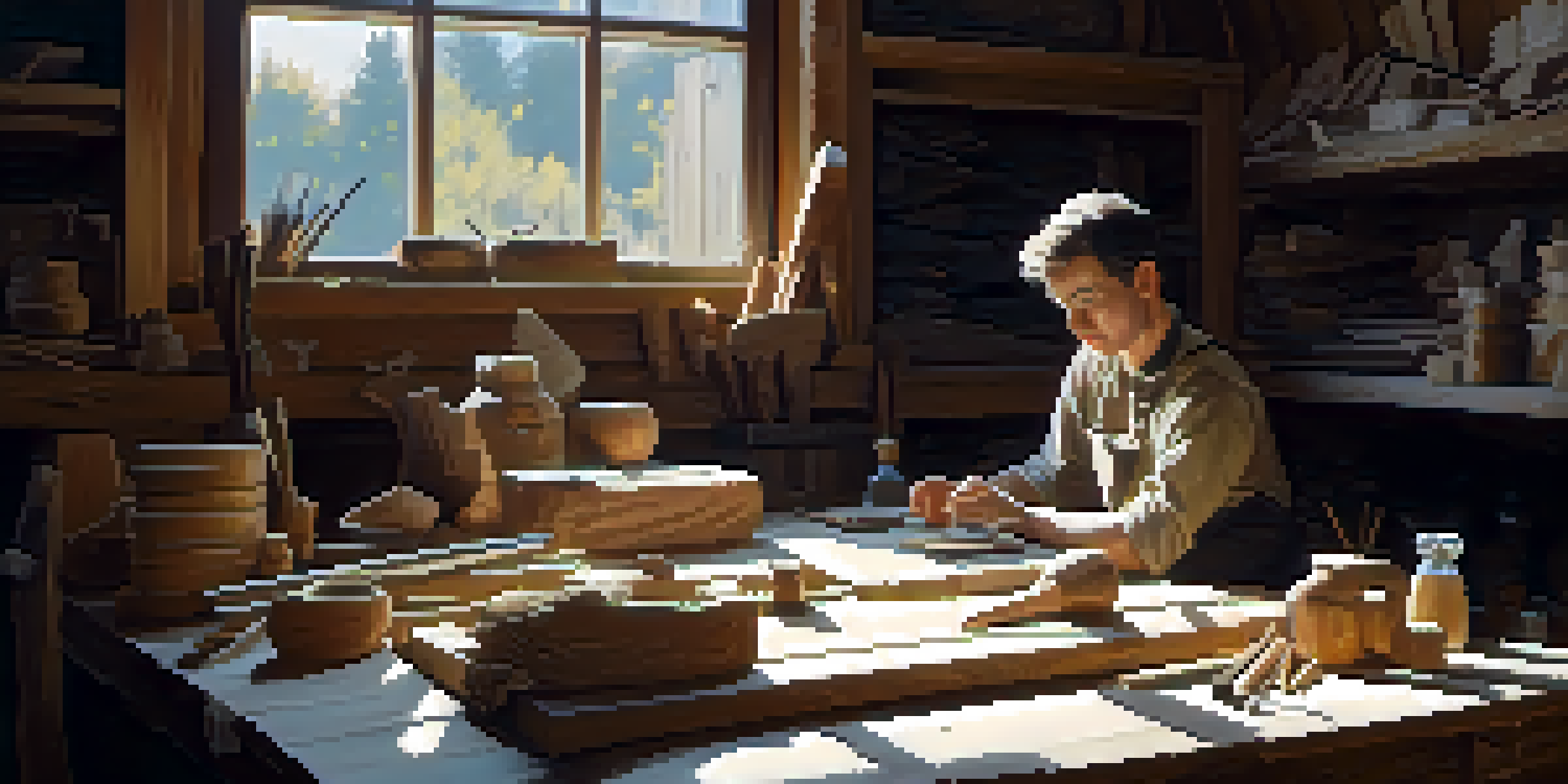 A beginner carver working in a well-lit workshop, with carving tools and a partially carved wooden spoon on the table.