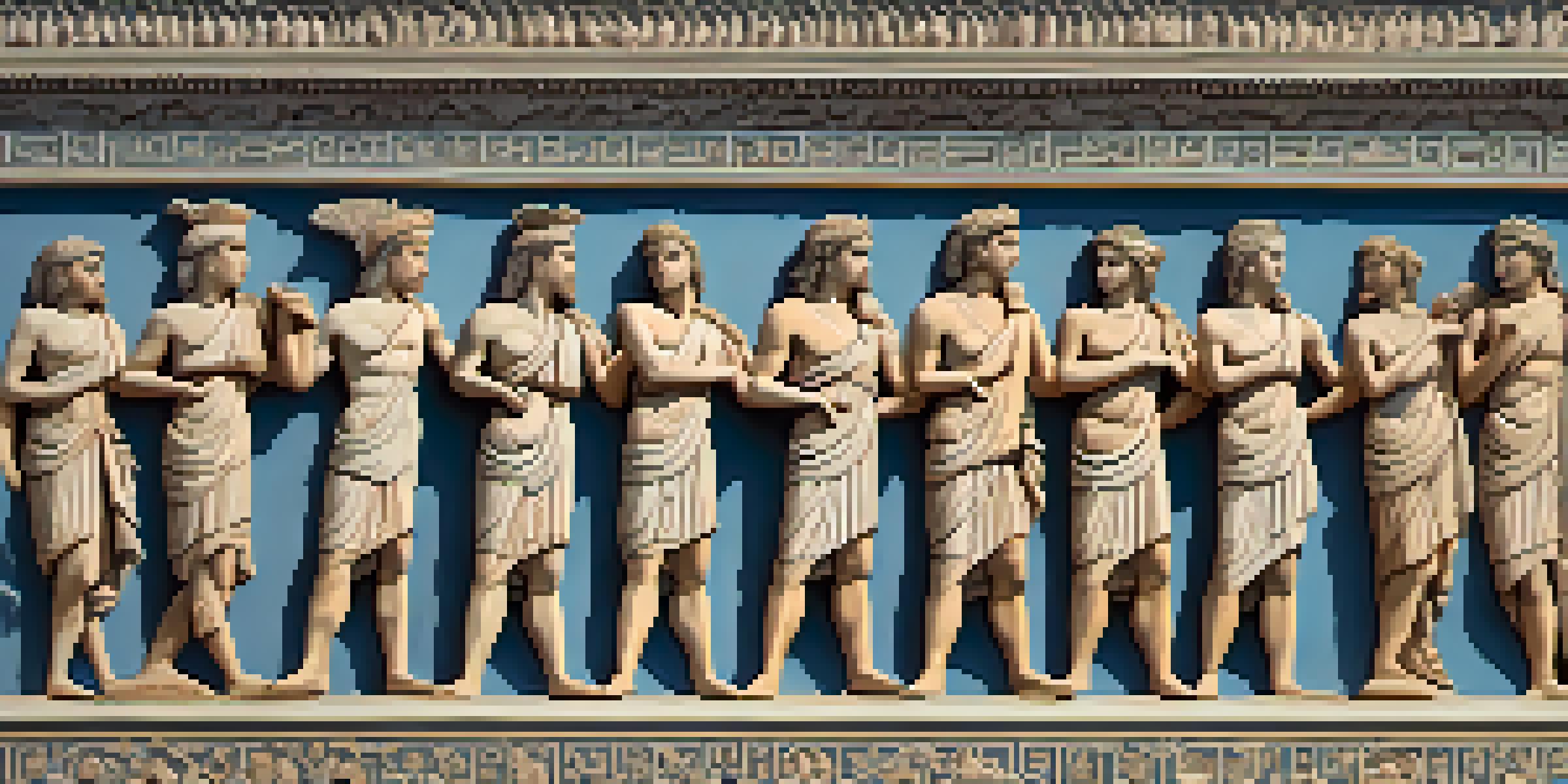 A detailed frieze on an ancient Greek temple featuring mythological figures and floral patterns, illuminated by sunlight against a blue sky.