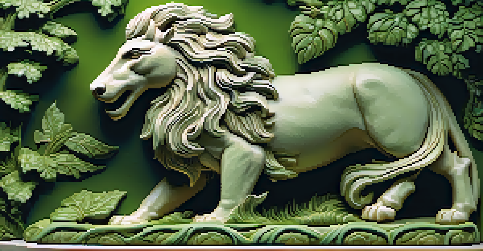 A detailed stone carving of a mythical creature surrounded by greenery, with soft lighting accentuating its features.