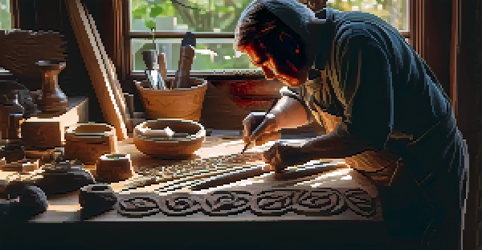 An artisan carving wood in a well-lit workshop, with tools and wood shavings around.