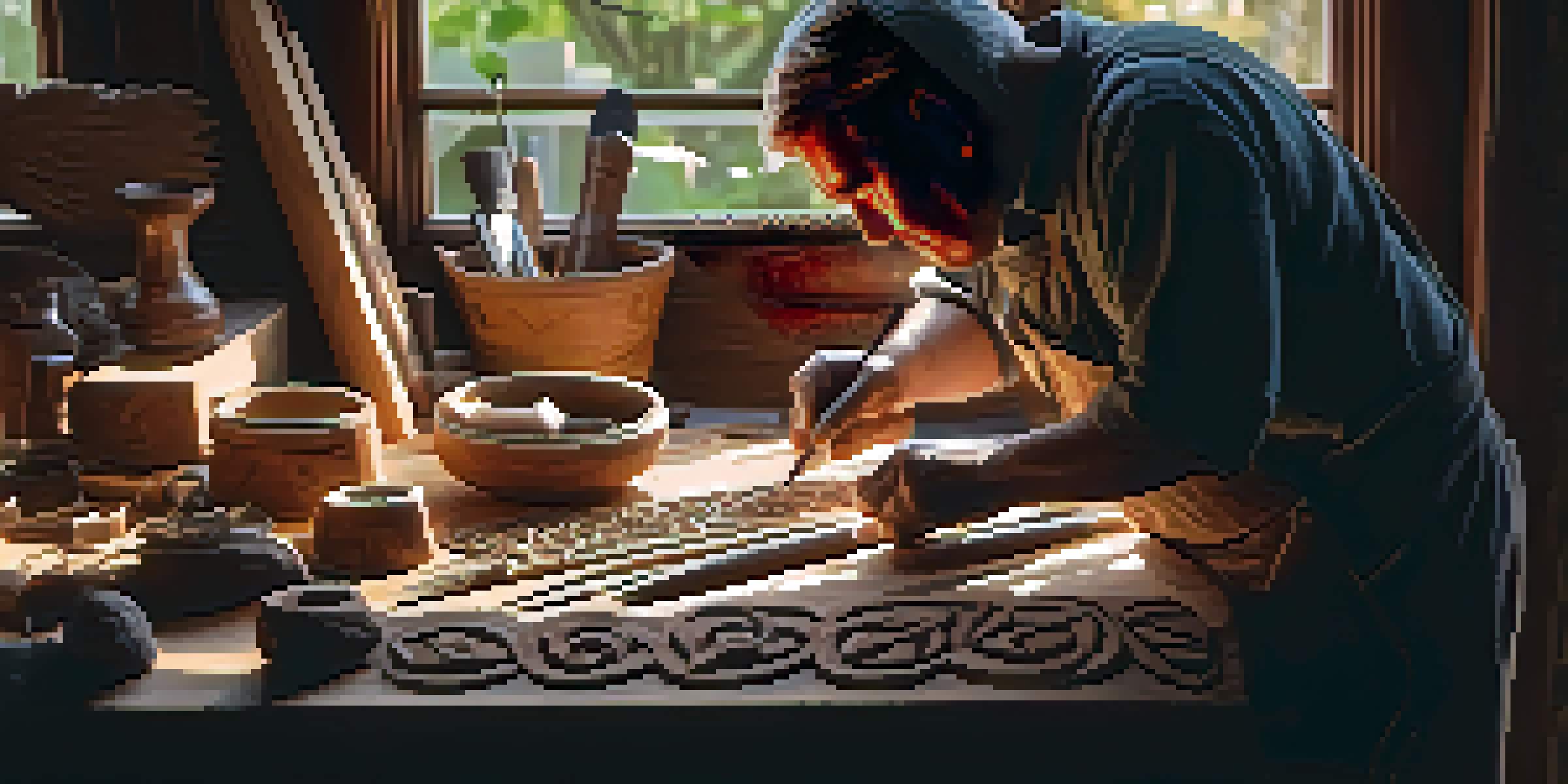 An artisan carving wood in a well-lit workshop, with tools and wood shavings around.