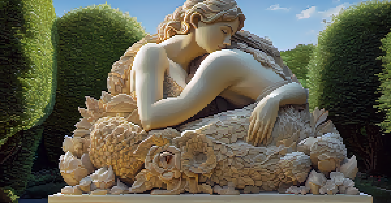 An abstract sculpture of a woman intertwined with nature, carved from stone and surrounded by flowers.