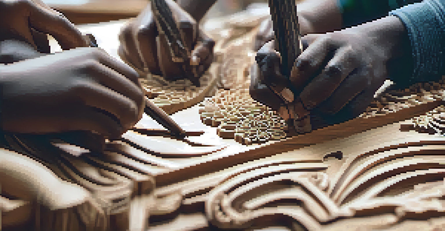 Close-up of diverse hands working together on a wooden carving project, showcasing intricate textures and focused expressions.