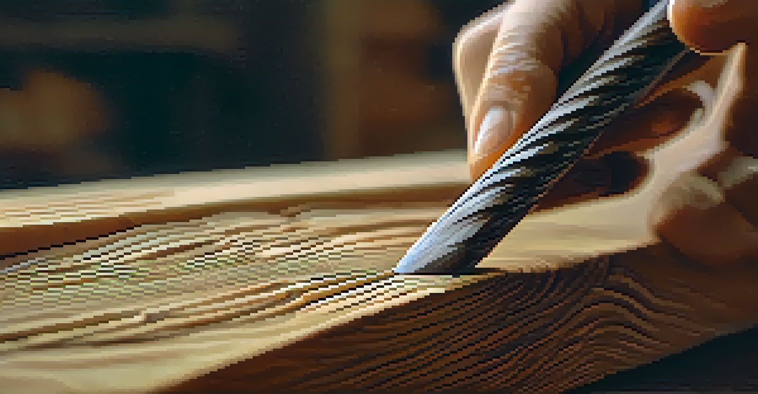 A close-up of a hand carving wood, with detailed textures and soft lighting.
