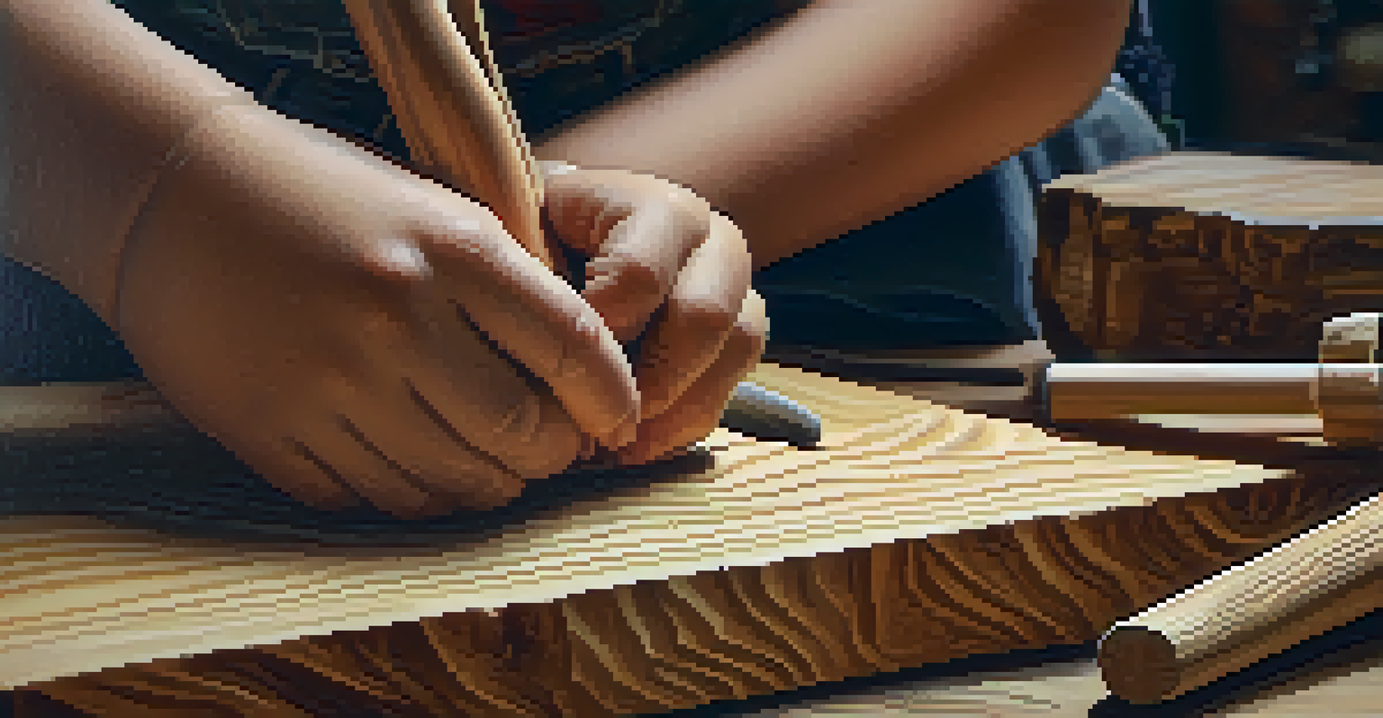 Close-up of a child's hands carving wood with a parent, highlighting the tools and wood texture.
