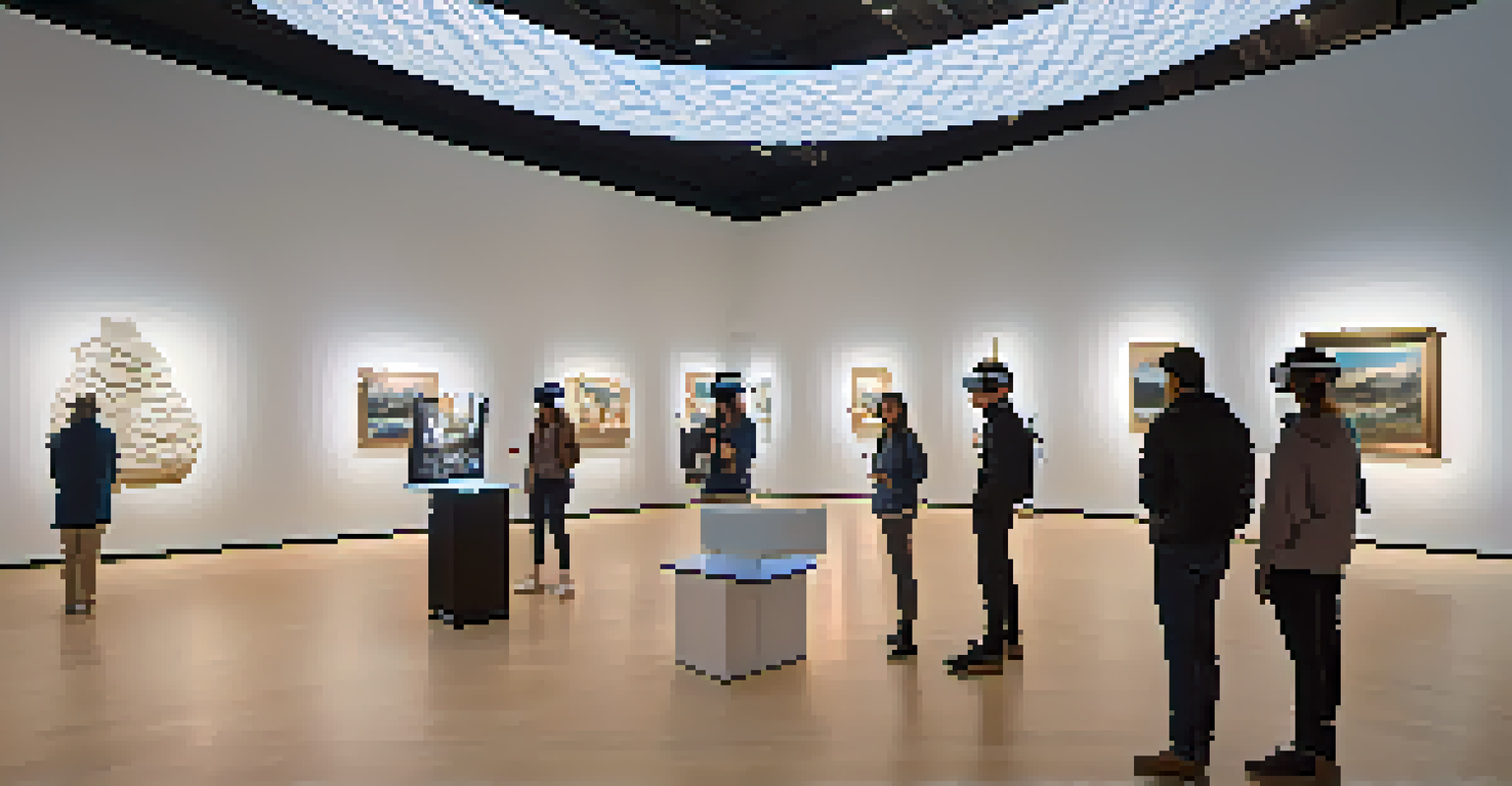 An exhibition space displaying VR carved artworks, with visitors wearing headsets and interacting with the sculptures in an ambient light setting.