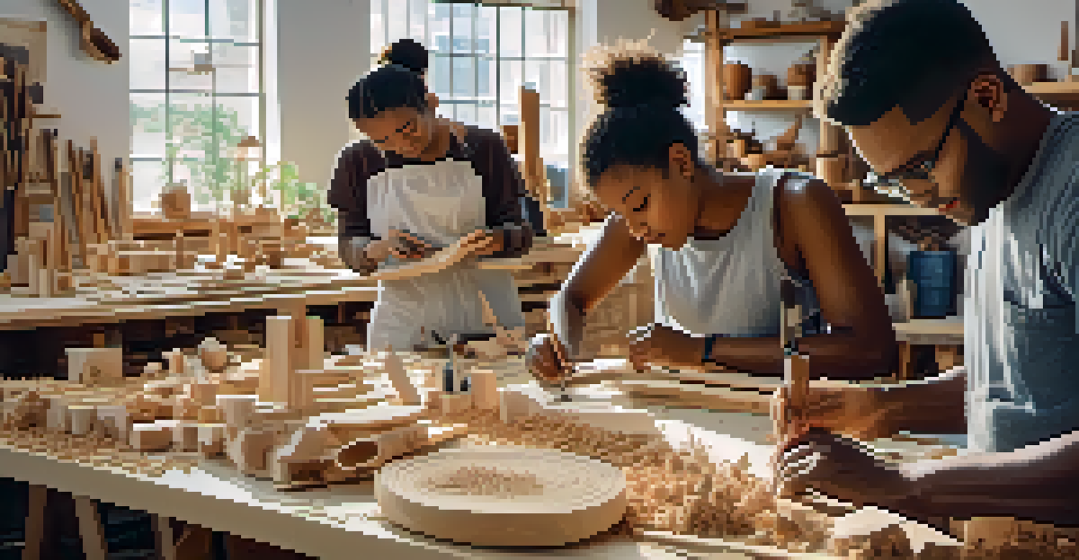 A diverse group of people in a carving workshop, working on their projects surrounded by a creative atmosphere.
