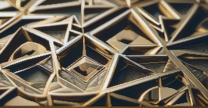 A detailed view of geometric patterns carved in metal, highlighting the interplay of light and shadow on a polished surface.