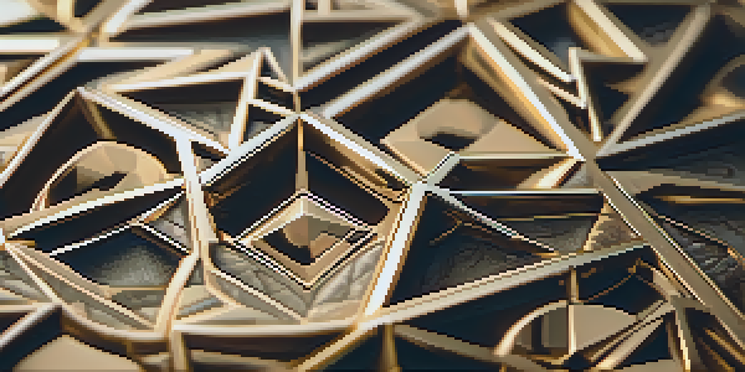 A detailed view of geometric patterns carved in metal, highlighting the interplay of light and shadow on a polished surface.