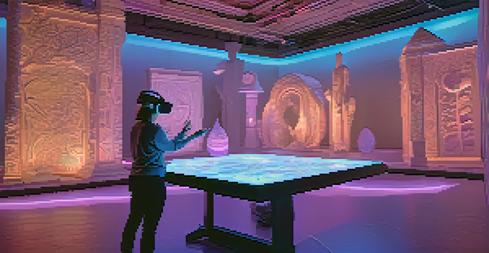 An artist using virtual reality to create 3D carvings in a digital workshop, surrounded by illuminated designs.