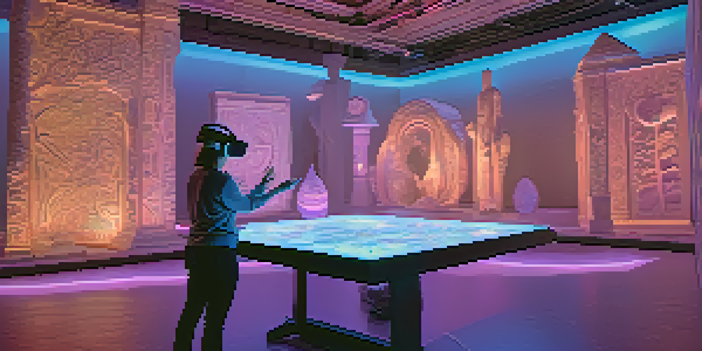 An artist using virtual reality to create 3D carvings in a digital workshop, surrounded by illuminated designs.