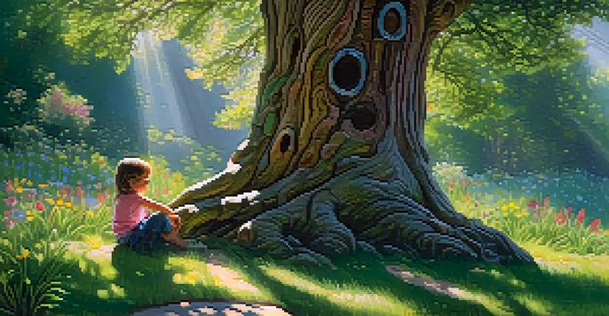 A large wooden tree trunk with intricate carvings, surrounded by green grass and wildflowers, with a small child figure at its base.