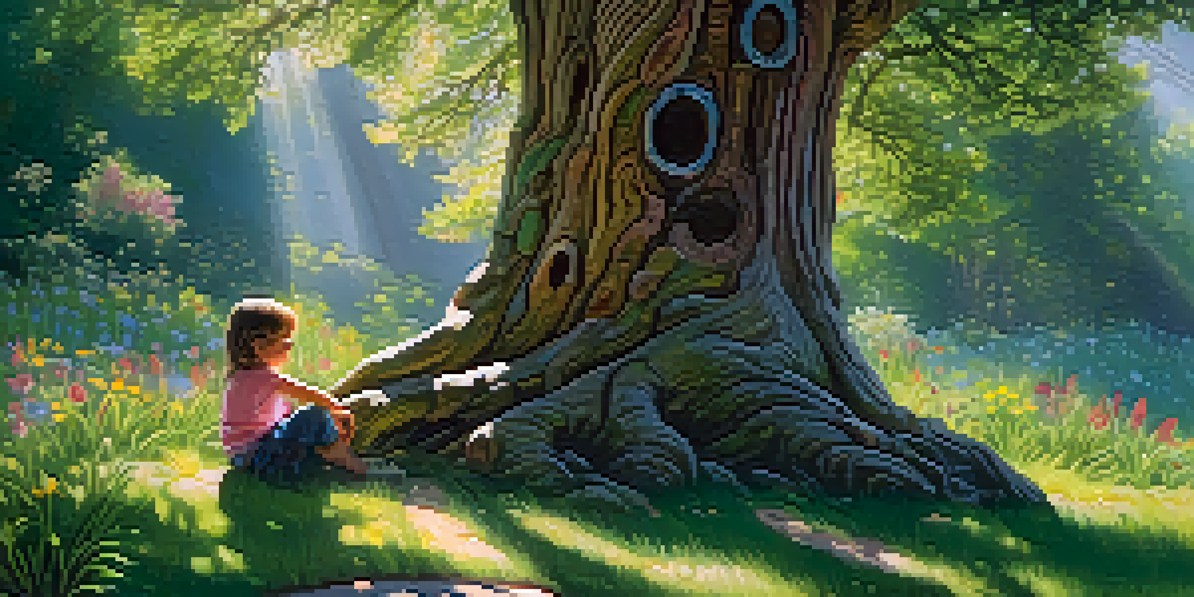 A large wooden tree trunk with intricate carvings, surrounded by green grass and wildflowers, with a small child figure at its base.