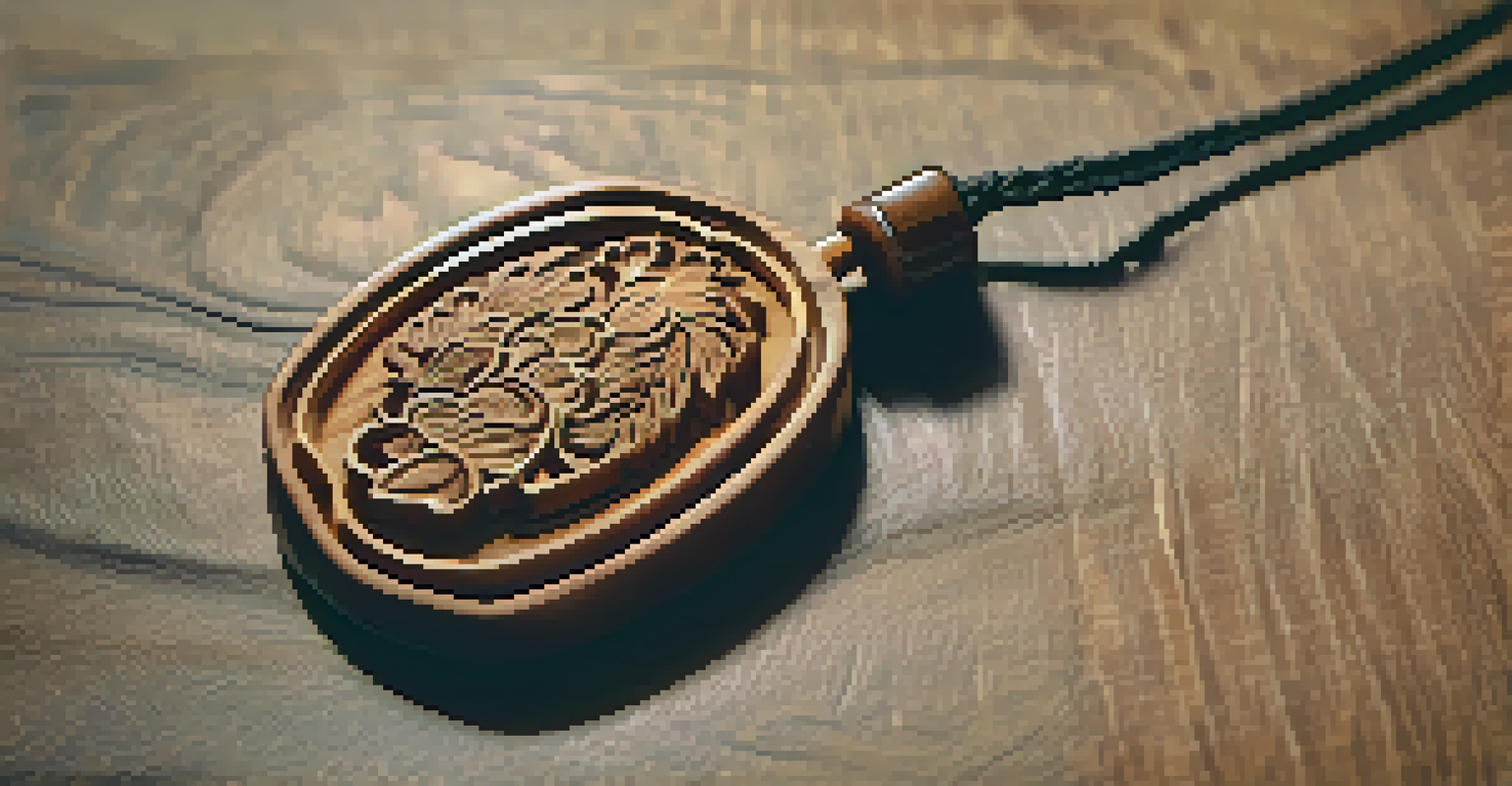 A close-up of a wooden carved pendant being polished, highlighting its intricate details and rich grain, with a bottle of natural oil in the background.