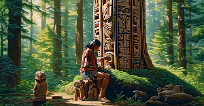 A Native American artist working on a wooden totem pole in a forest, showcasing intricate carvings of animals under sunlight.