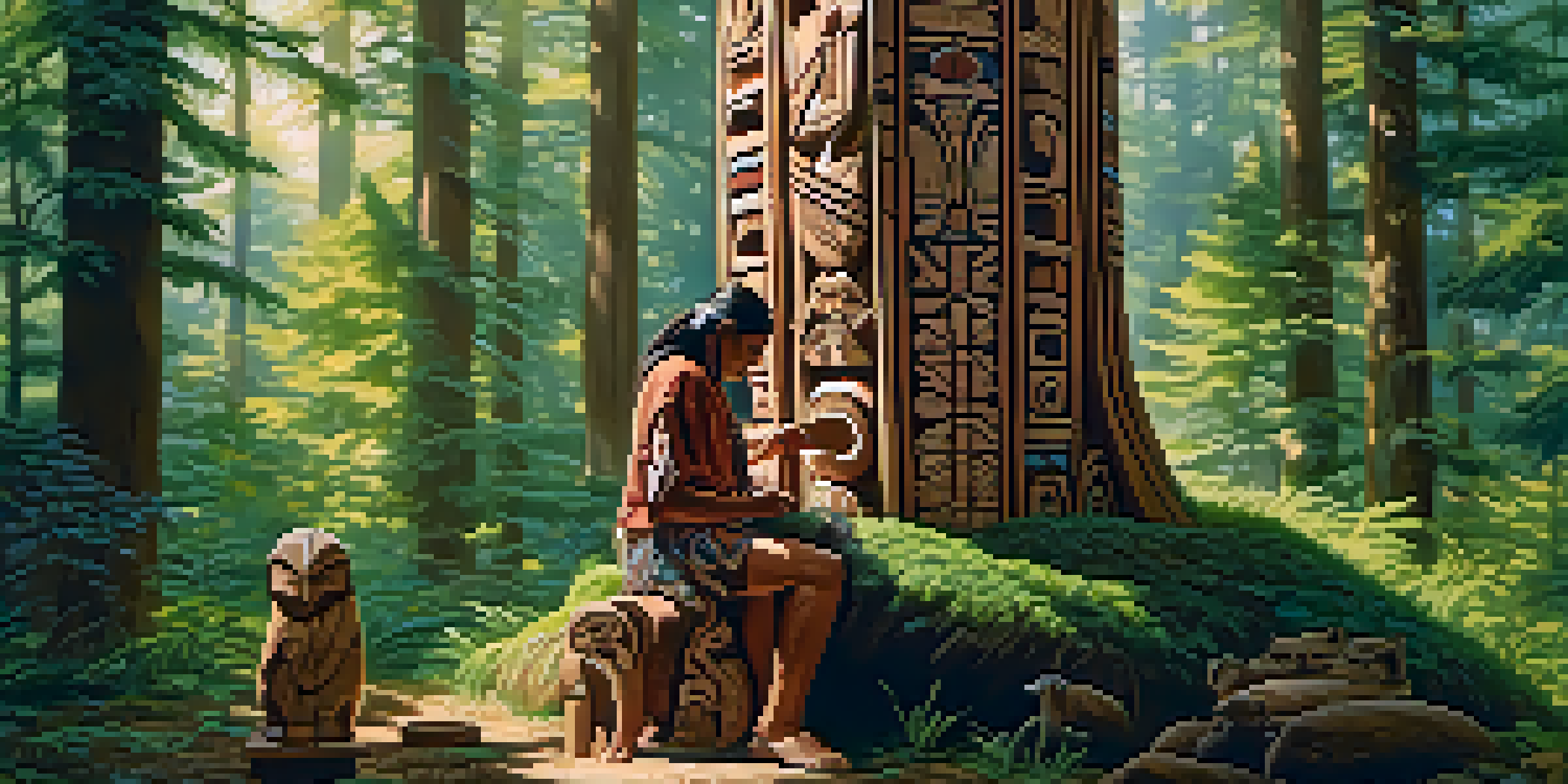 A Native American artist working on a wooden totem pole in a forest, showcasing intricate carvings of animals under sunlight.