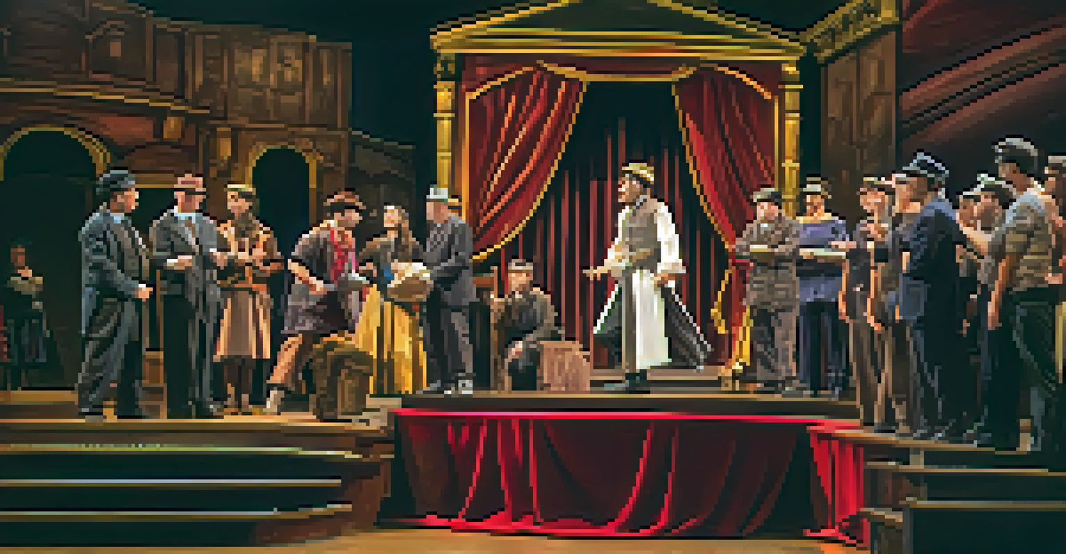 Actors on stage engaging with realistic props under dramatic lighting, creating an immersive theatrical scene.