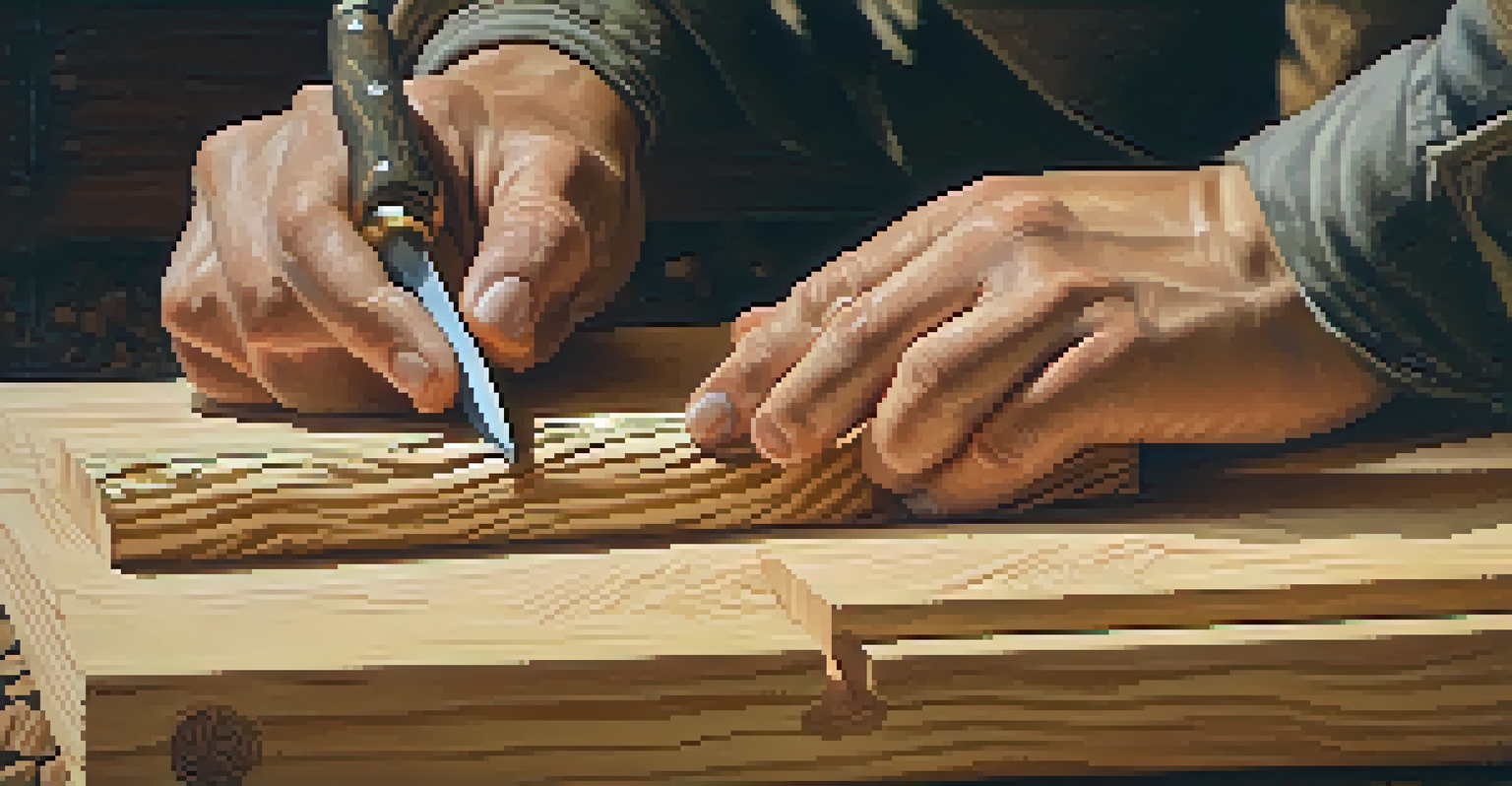 A close-up of a hand carving wood with a knife, surrounded by wood shavings.