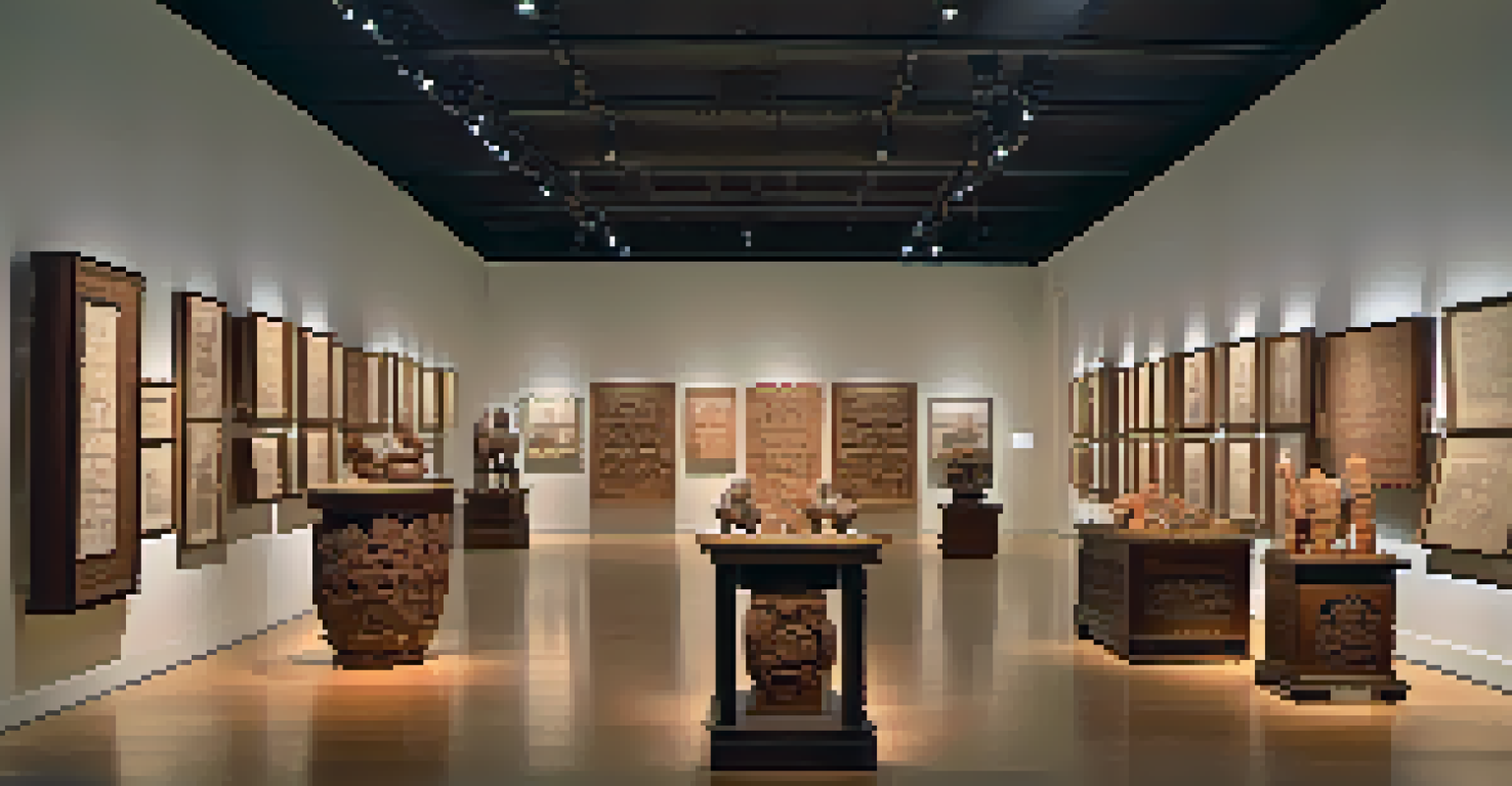 An exhibition space with traditional carved pieces on display, showcasing their details and cultural significance.
