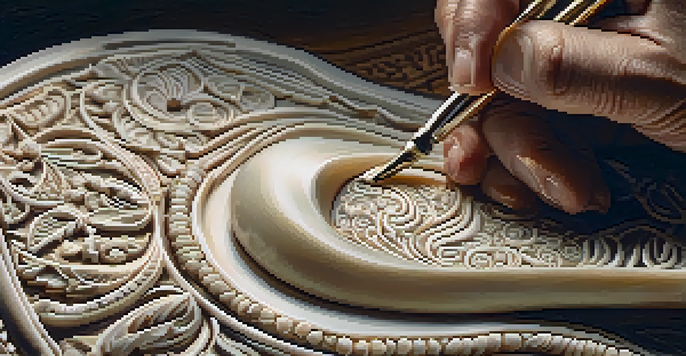 An artisan's hands carving intricate designs on a piece of polished animal bone, highlighting the tools and textures involved in the process.