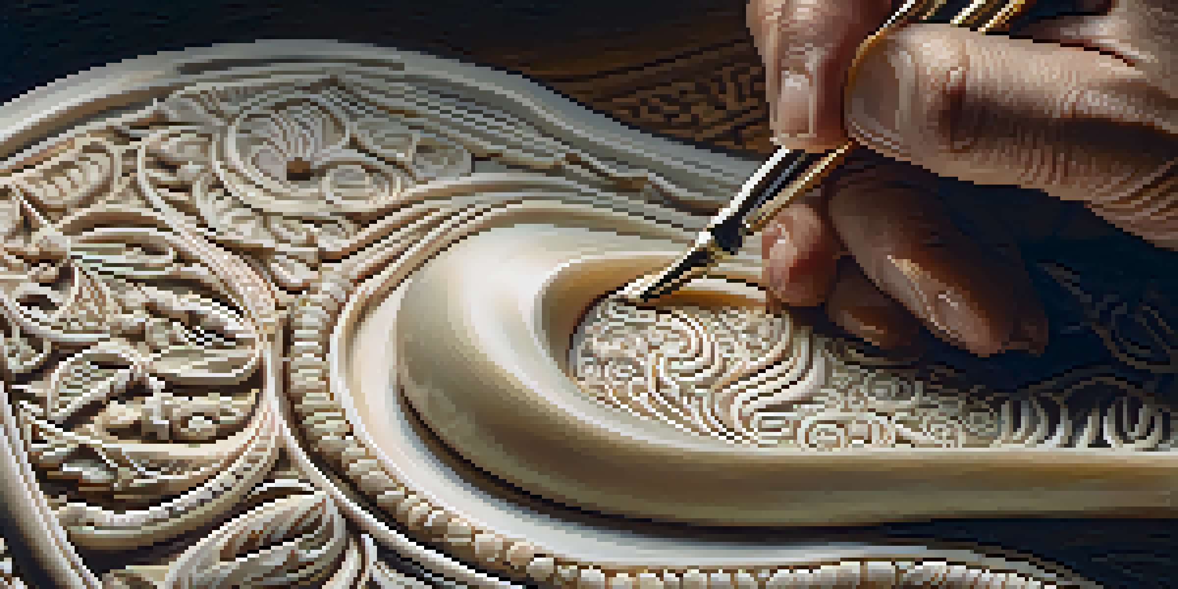 An artisan's hands carving intricate designs on a piece of polished animal bone, highlighting the tools and textures involved in the process.
