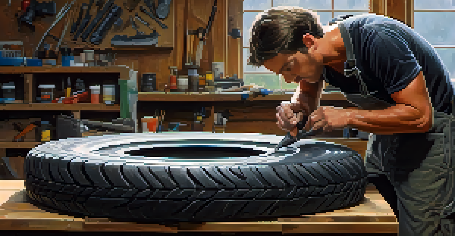 An artist carving a tire sculpture of a bird in a workshop, with tools and rubber pieces visible.